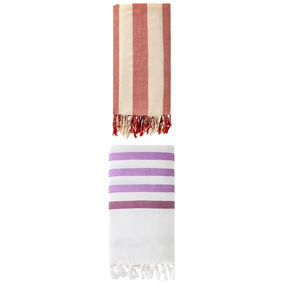 Unique Bargains 2 Pack Woven Turkish Striped Pattern Tassel Towels Purple/Red 71"x40"