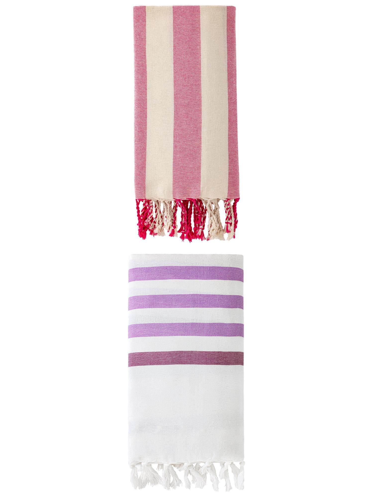 Unique Bargains 2 Pack Woven Turkish Striped Pattern Tassel Towels Purple/Rose Red 71"x40"