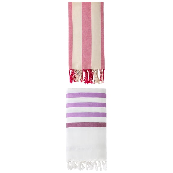 Unique Bargains 2 Pack Woven Turkish Striped Pattern Tassel Towels Purple/Rose Red 71"x40"
