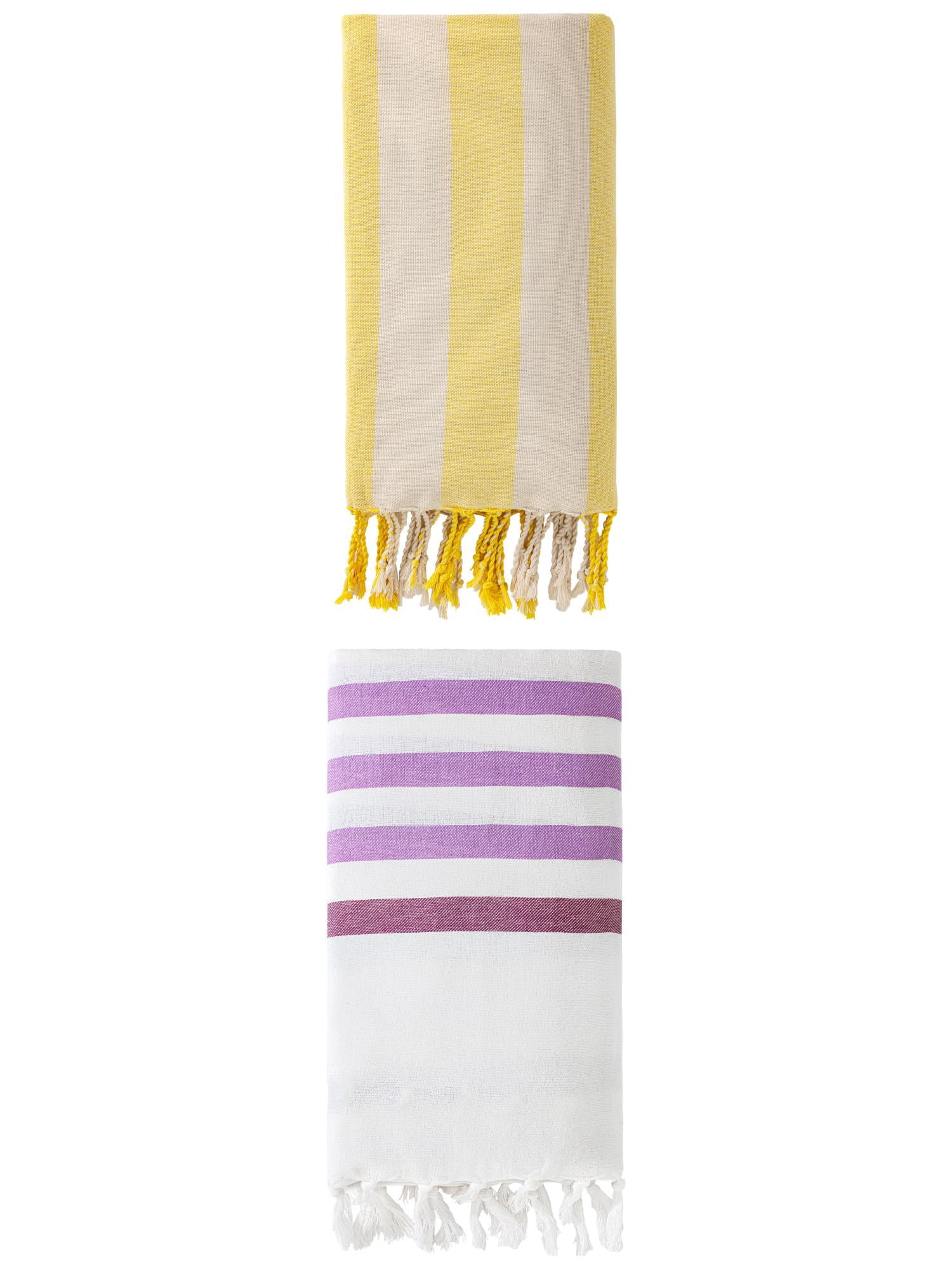 Unique Bargains 2 Pack Woven Turkish Striped Pattern Tassel Towels Purple/Yellow 71"x40"