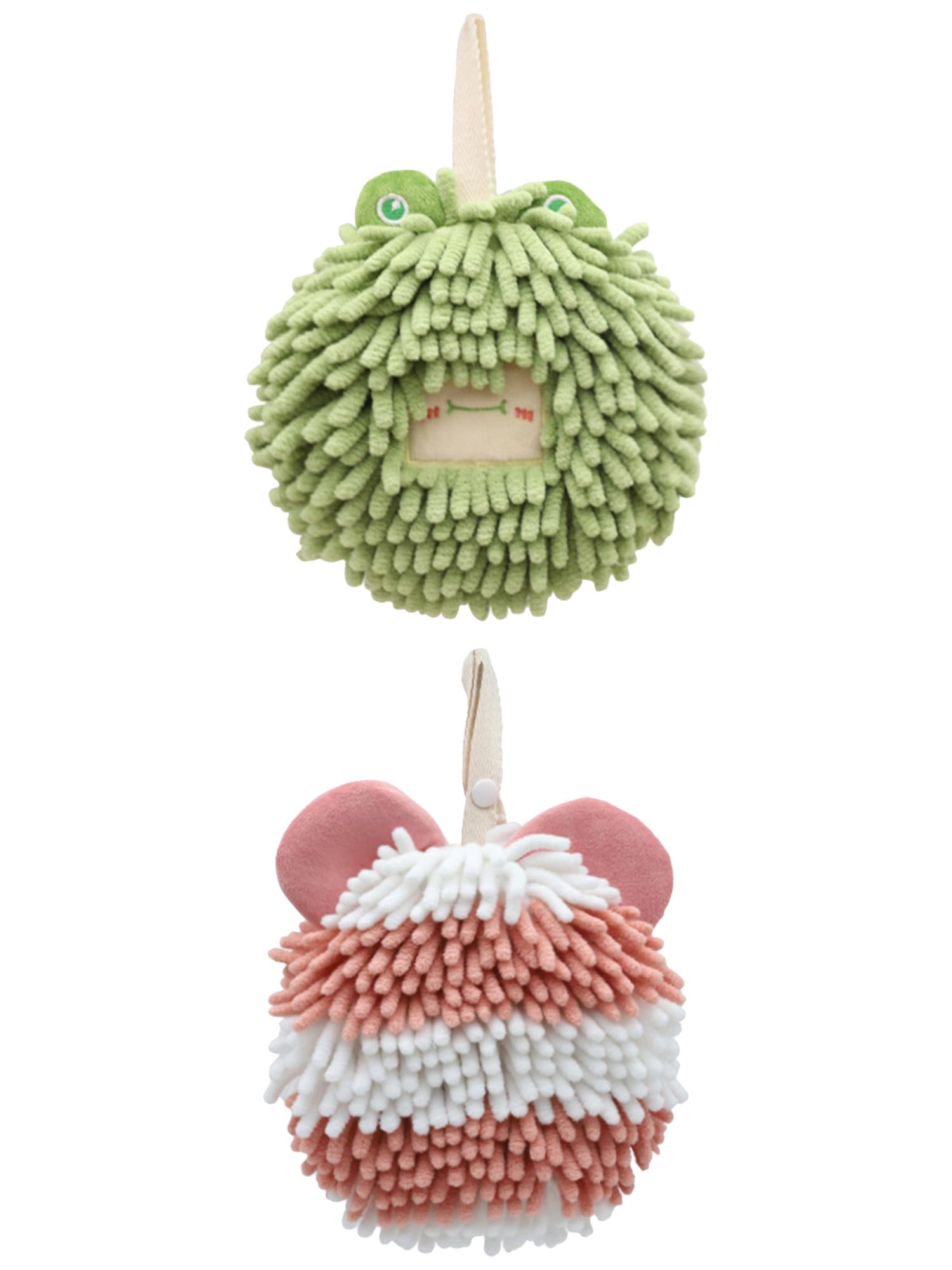 Unique Bargains 2 Packs Chenille Cute Fuzzy Hand Towels 7" x 7" Green/Pink