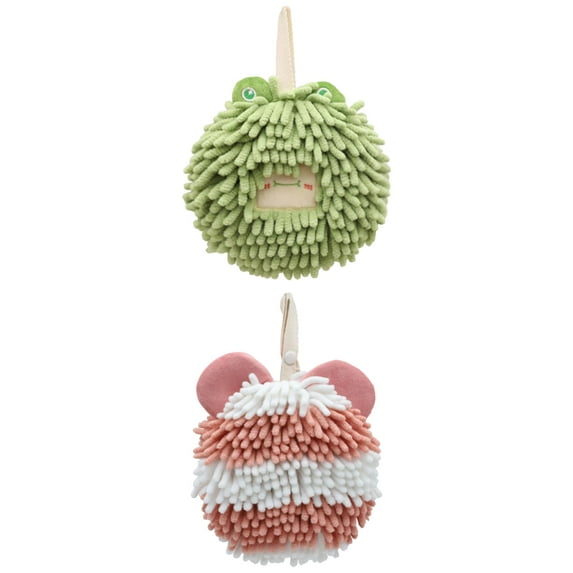 Unique Bargains 2 Packs Chenille Cute Fuzzy Hand Towels 7" x 7" Green/Pink