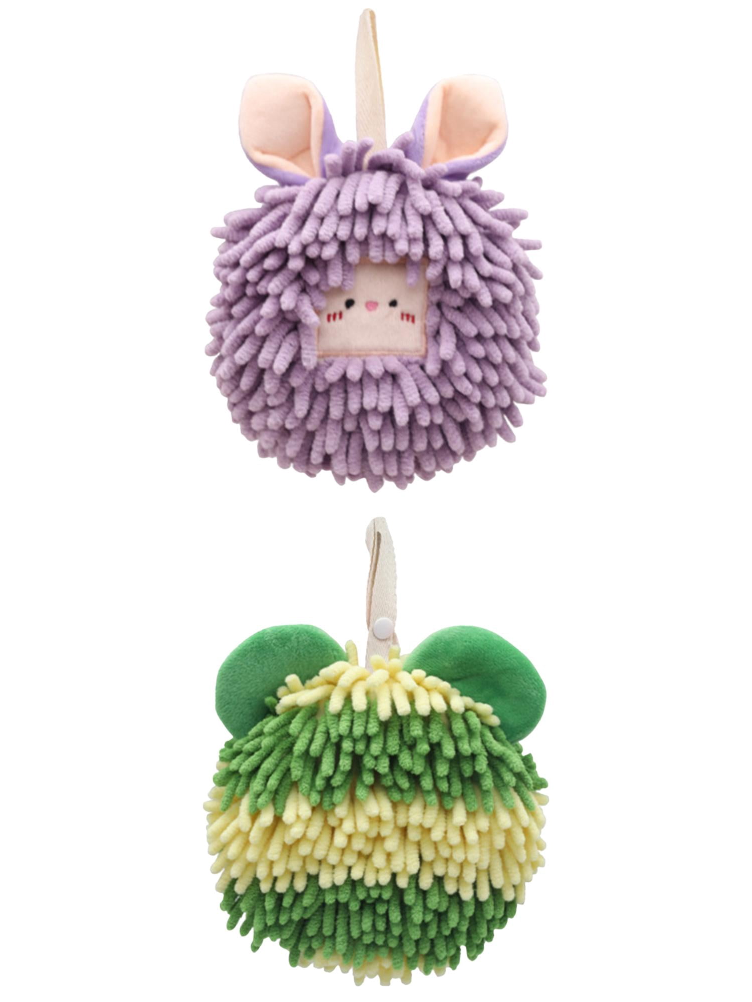 Unique Bargains 2 Packs Chenille Cute Fuzzy Hand Towels 7" x 7" Purple/Green
