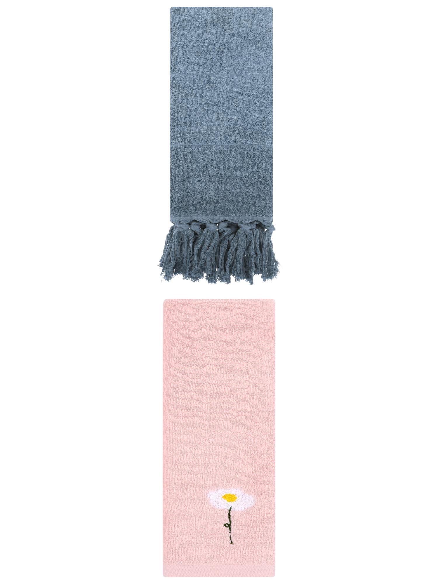 Unique Bargains 2 Pack Cotton Soft Absorbent Floral Pattern and Solid Hand Towel Blue/Pink 14" x 30"/13" x 30"