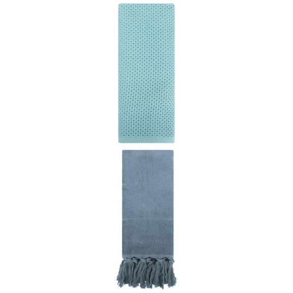 Unique Bargains 2 Pack Cotton Soft Absorbent Tassels and Waffle Hand Towel Blue/Light Blue 14" x 30"/13" x 30"