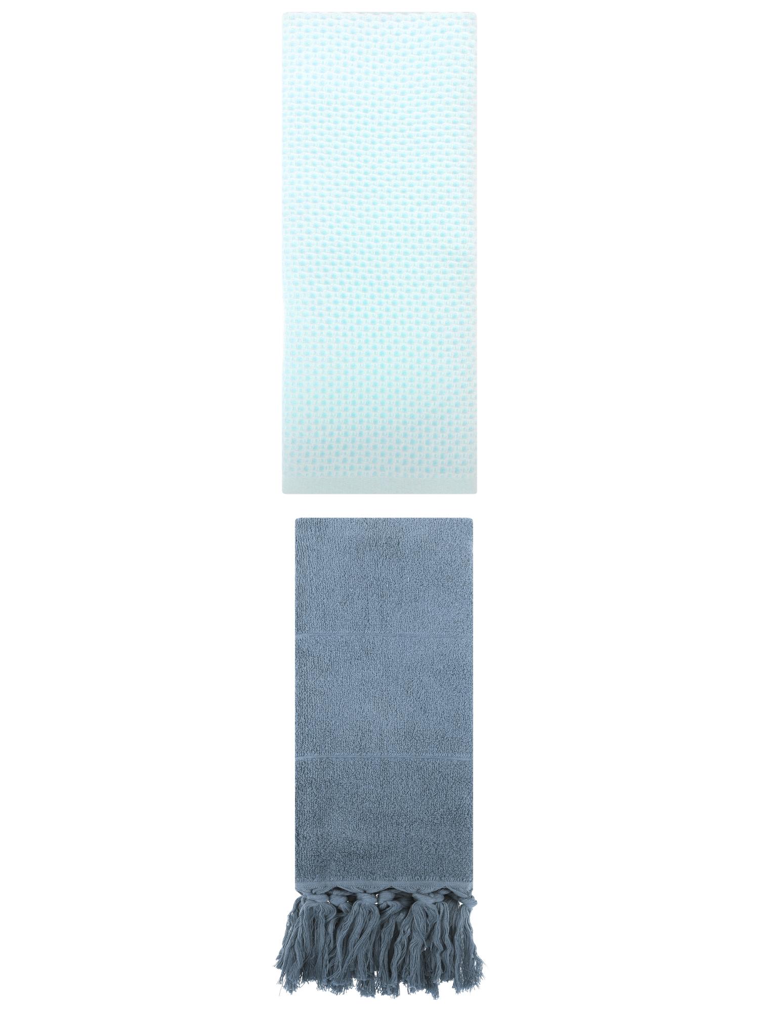 Unique Bargains 2 Pack Cotton Soft Absorbent Tassels and Waffle Hand Towel Blue/Light Cyan 14" x 30"/13" x 30"