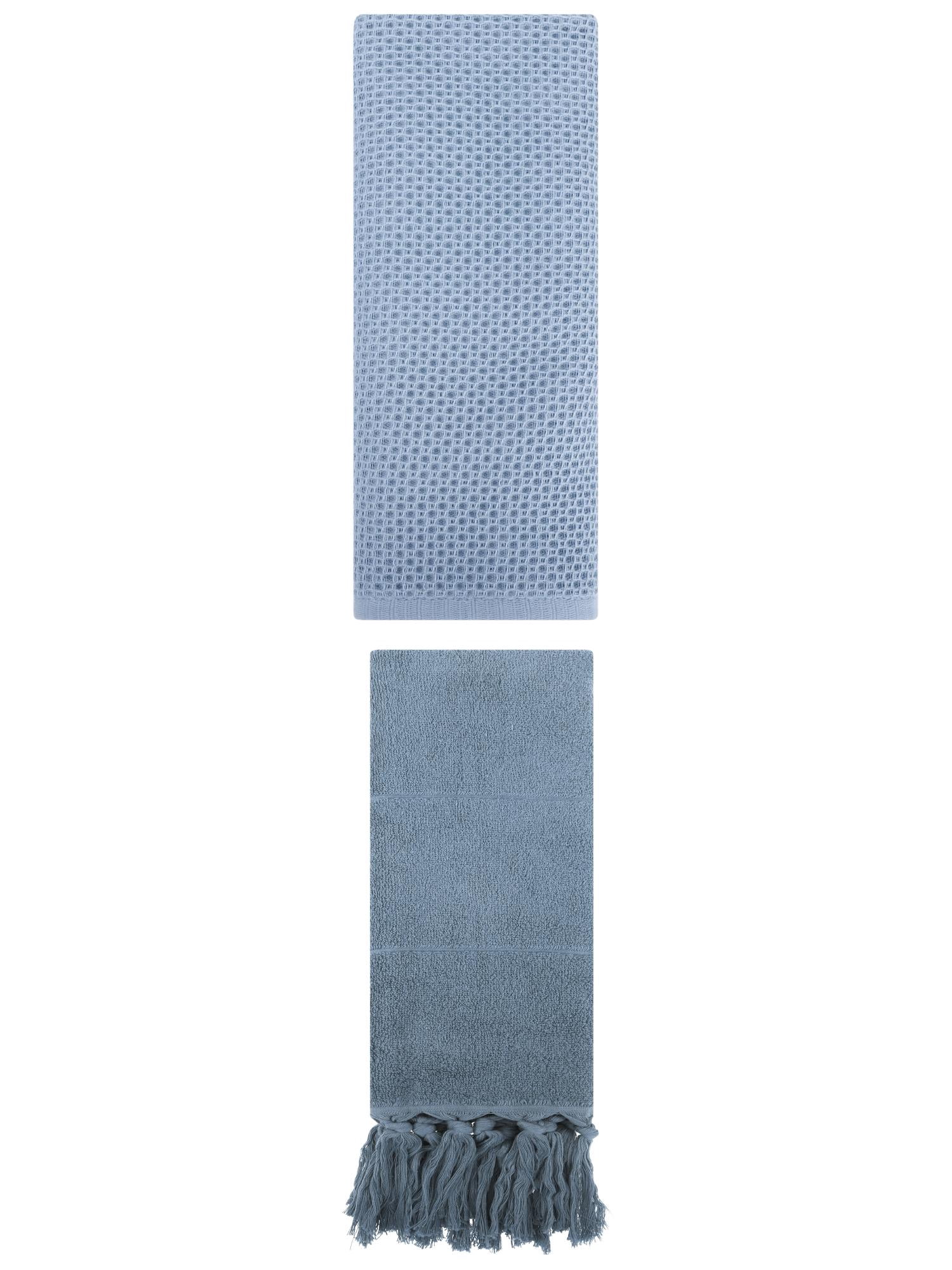 Unique Bargains 2 Pack Cotton Soft Absorbent Tassels and Waffle Hand Towel Blue/Steel Blue 14" x 30"/13" x 30"