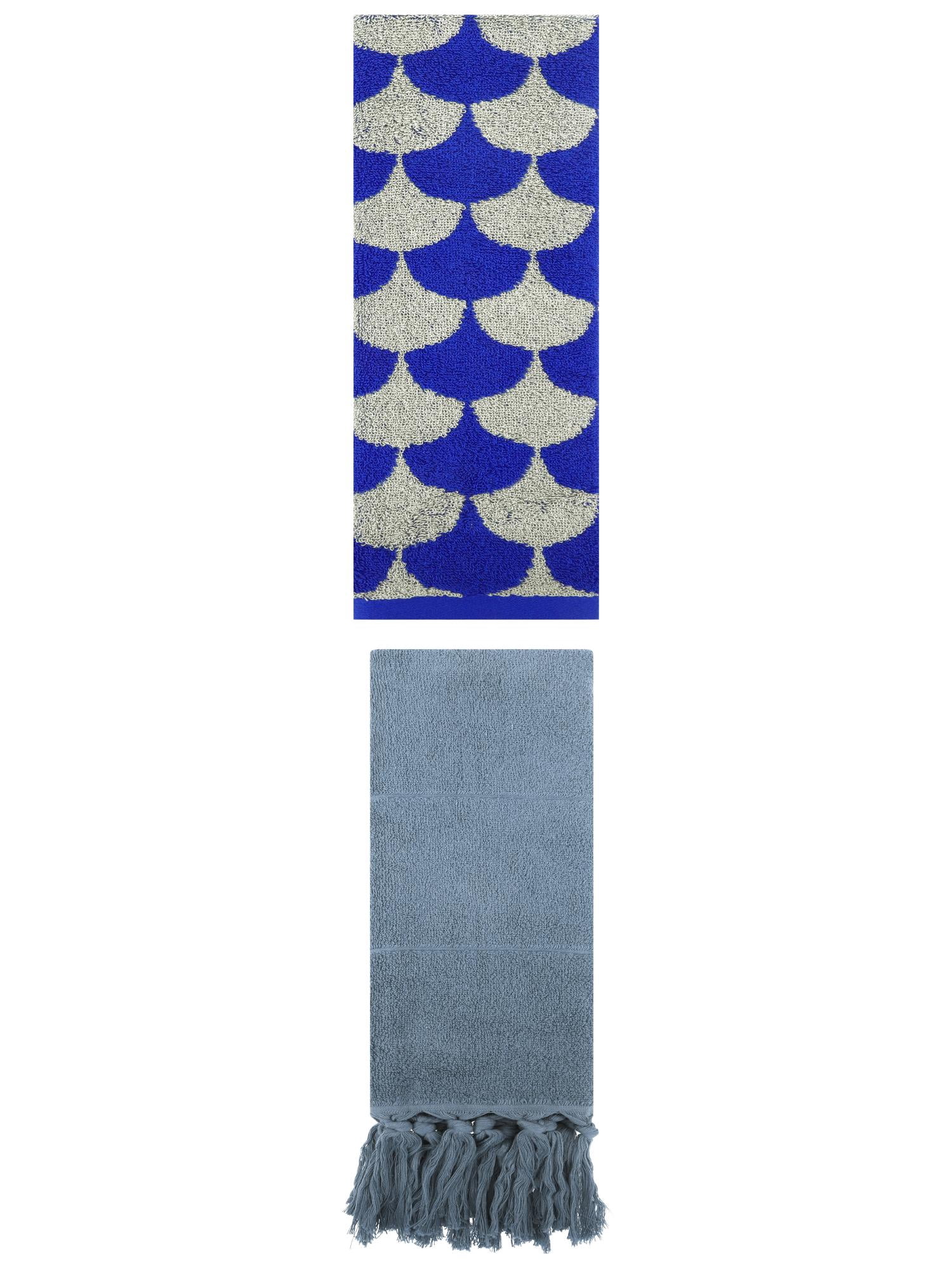 Unique Bargains 2 Pack Cotton Geometric and Solid Absorbent Soft Hand Towels Blue 14" x 30"/13" x 29"
