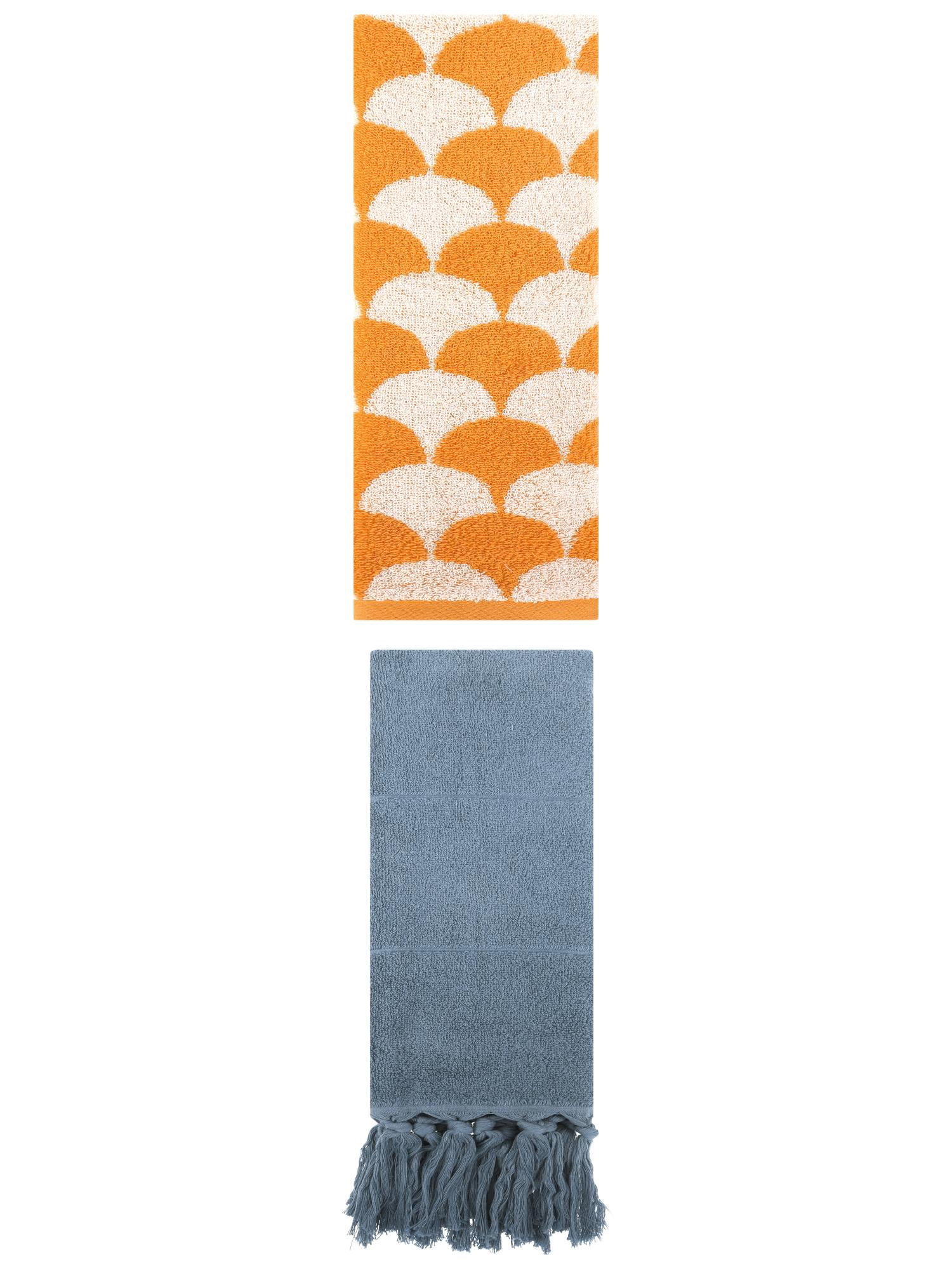 Unique Bargains 2 Pack Cotton Geometric and Solid Absorbent Soft Hand Towels Blue/Orange 14" x 30"/13" x 29"