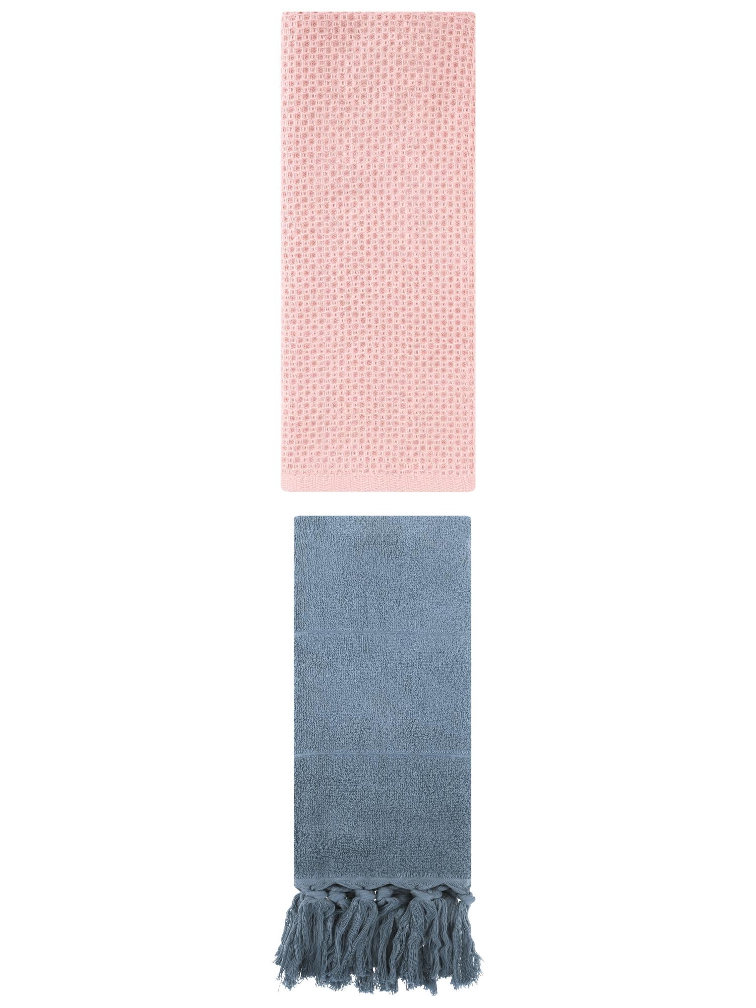 Unique Bargains 2 Pack Cotton Soft Absorbent Tassels and Waffle Hand Towel Blue/Pink 14" x 30"/13" x 30"