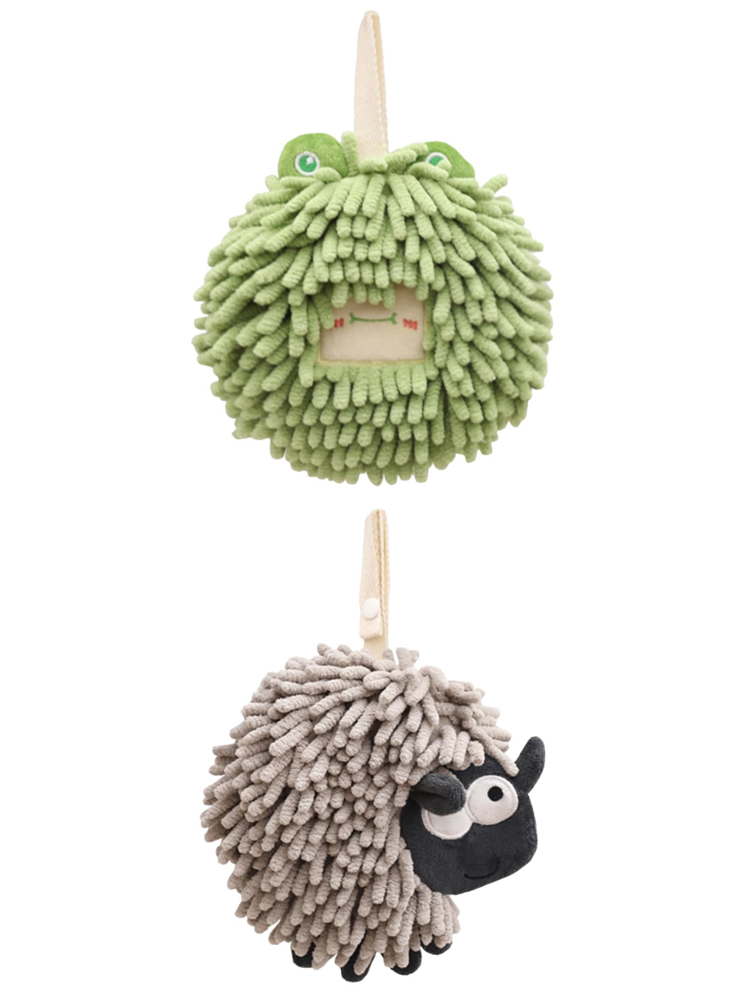 Unique Bargains 2 Packs Cute Chenille Fuzzy Ball Hand Towels 7" x 7" Green/Grey