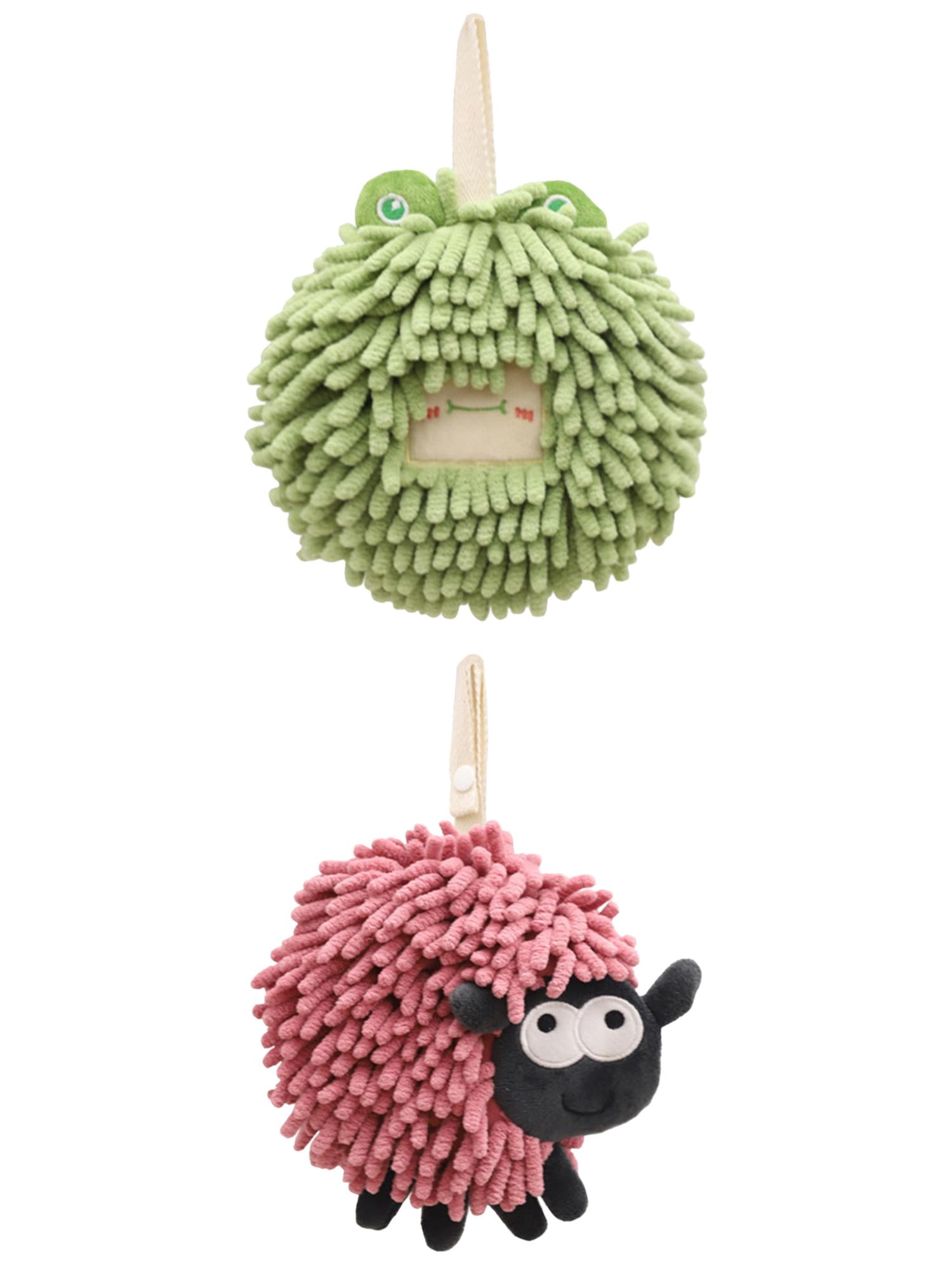 Unique Bargains 2 Packs Cute Chenille Fuzzy Ball Hand Towels 7" x 7" Green/Purple