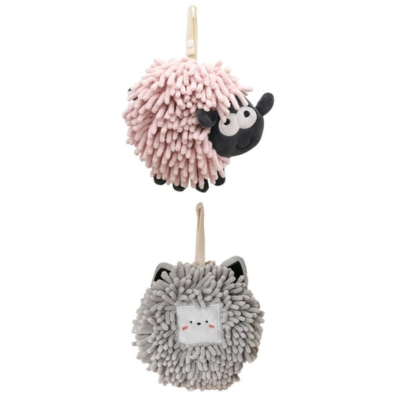 Unique Bargains 2 Packs Cute Chenille Fuzzy Ball Hand Towels 7" x 7" Light Grey/Pink