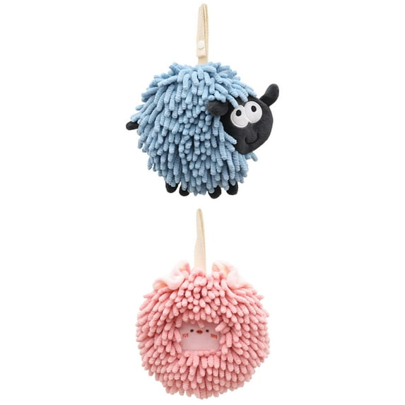 Unique Bargains 2 Packs Cute Chenille Fuzzy Ball Hand Towels 7" x 7" Pink/Blue