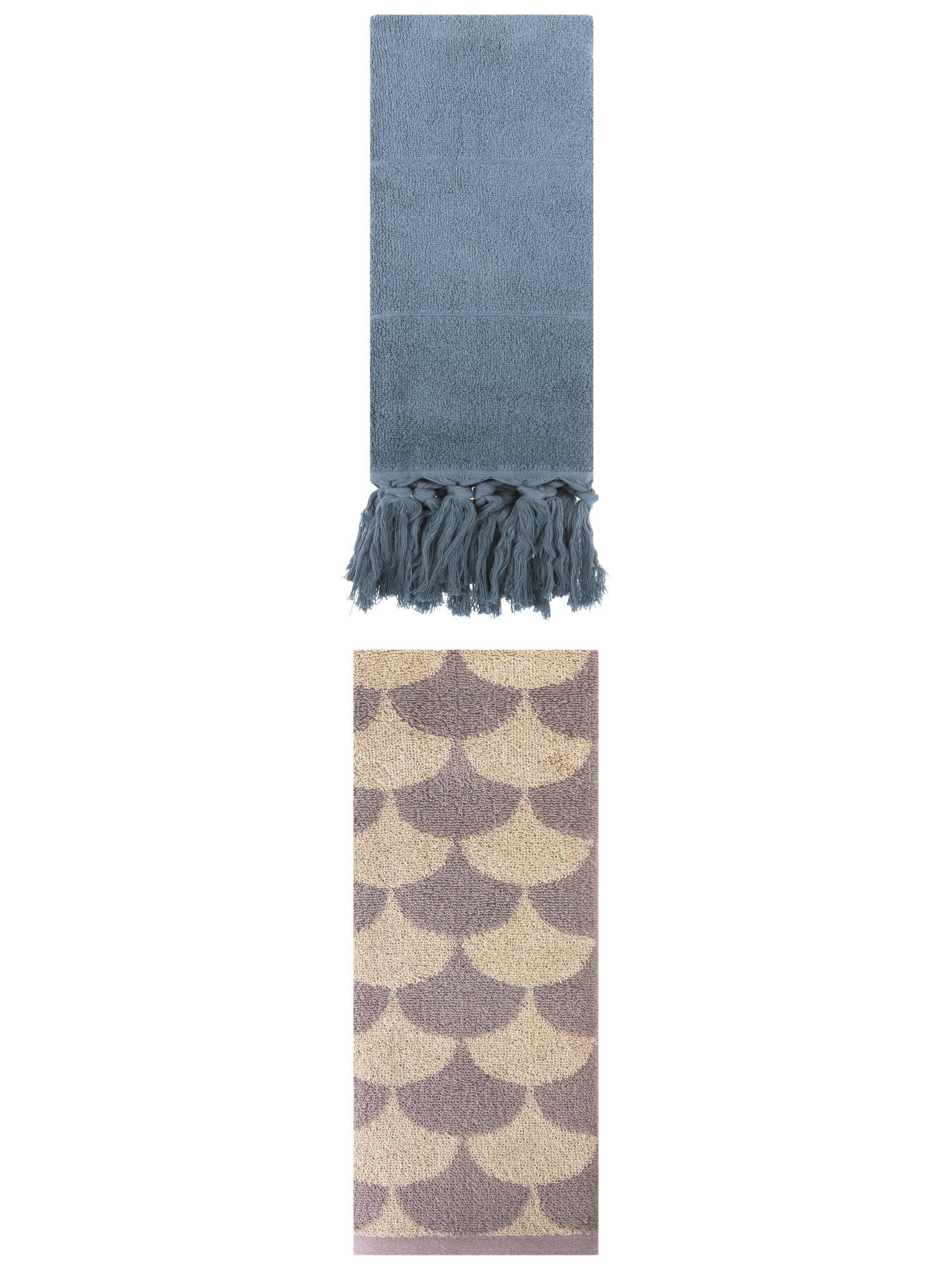 Unique Bargains 2 Pack Cotton Geometric and Solid Absorbent Soft Hand Towels Blue/Brown 14" x 30"/13" x 29"