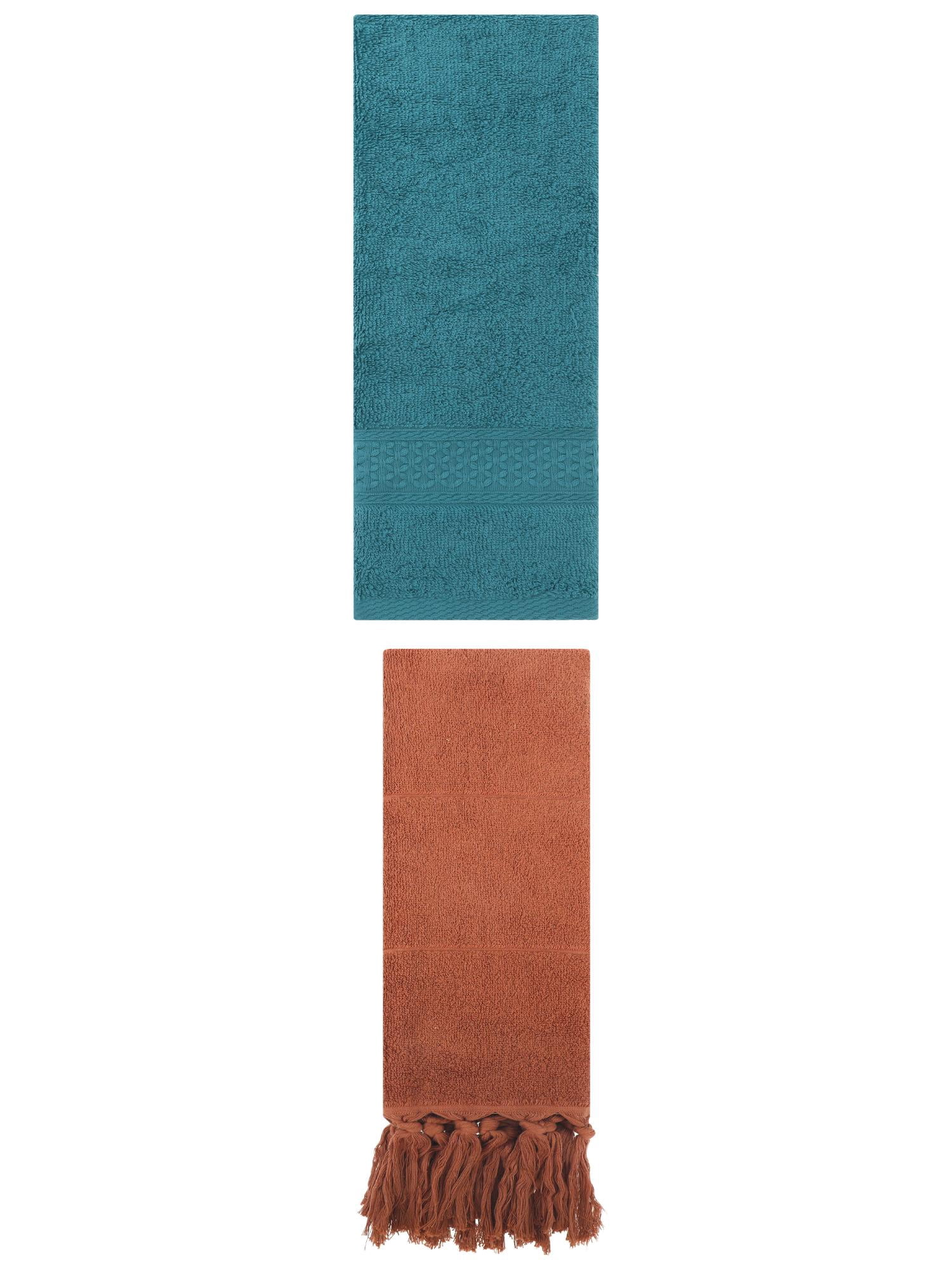 Unique Bargains 2 Packs Textured Tassels Hand Towel Brown/Dark Green 14" x 30"/13" x 30"