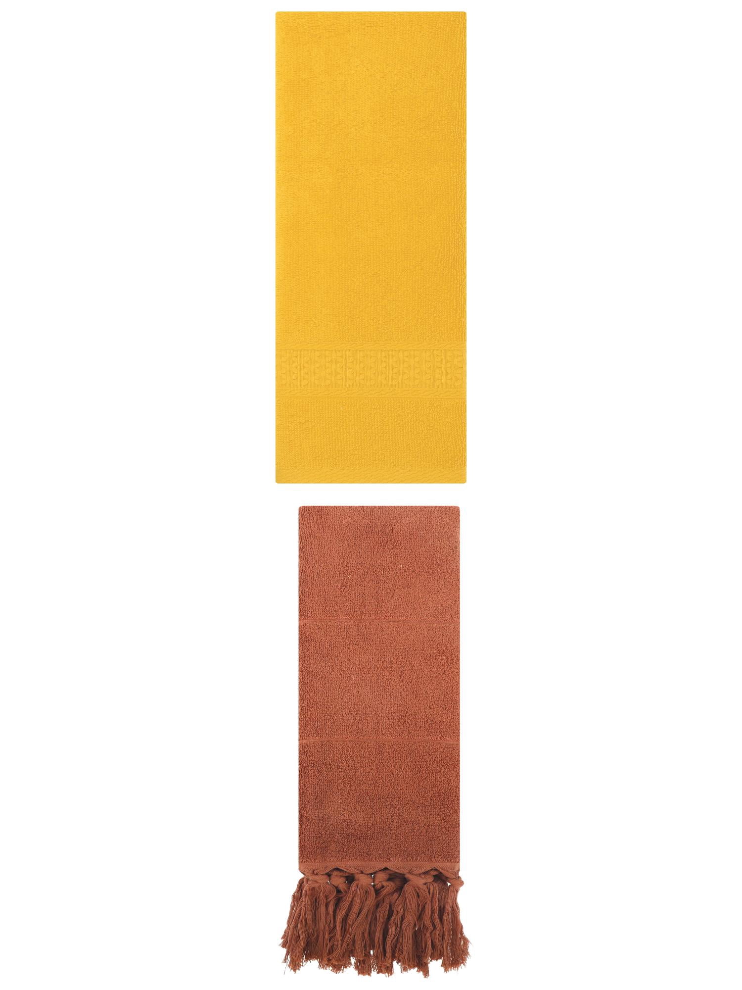 Unique Bargains 2 Packs Textured Tassels Hand Towel Brown/Yellow 14" x 30"/13" x 30"
