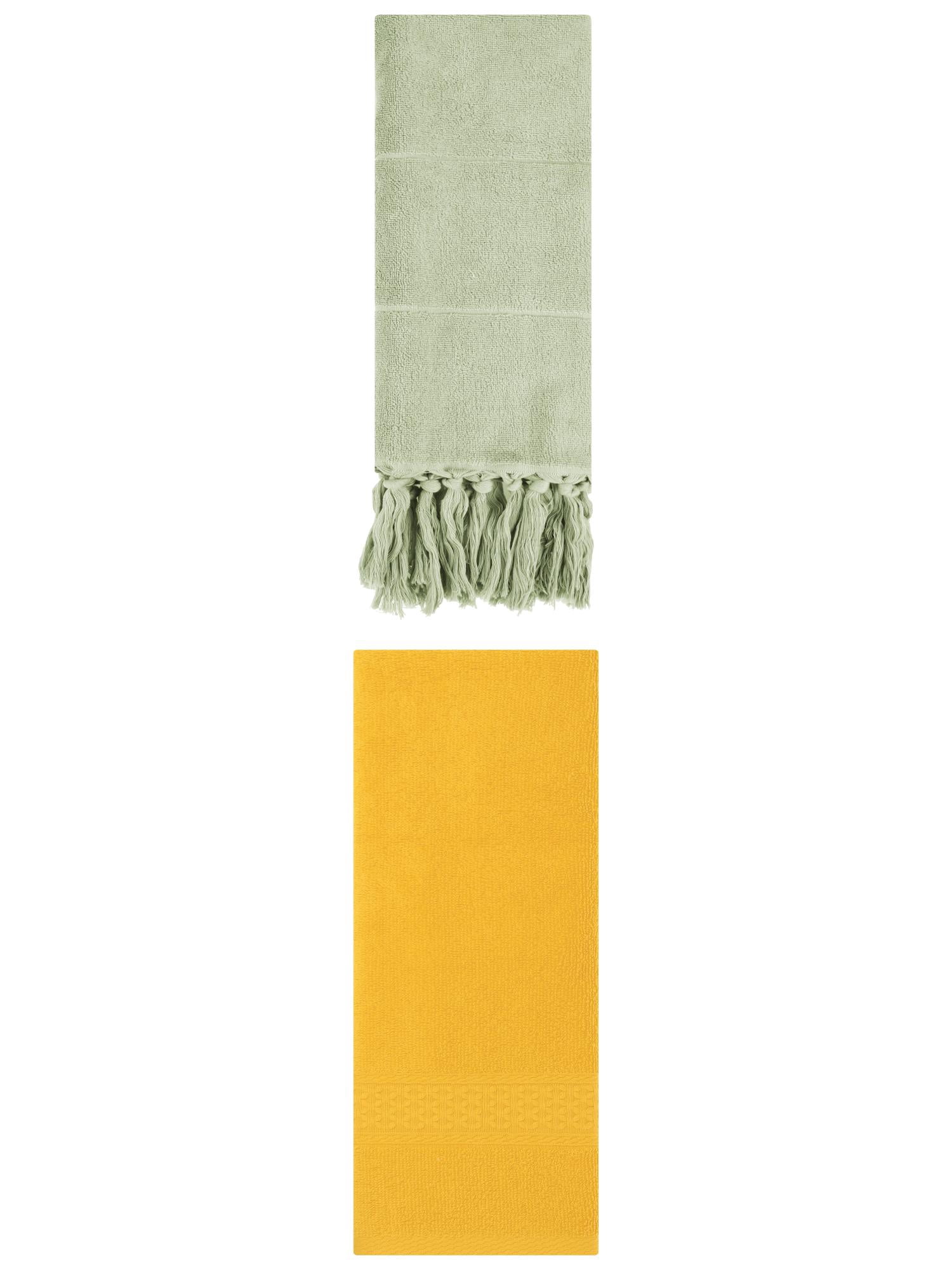 Unique Bargains 2 Packs Textured Tassels Hand Towel Green/Yellow 14" x 30"/13" x 30"