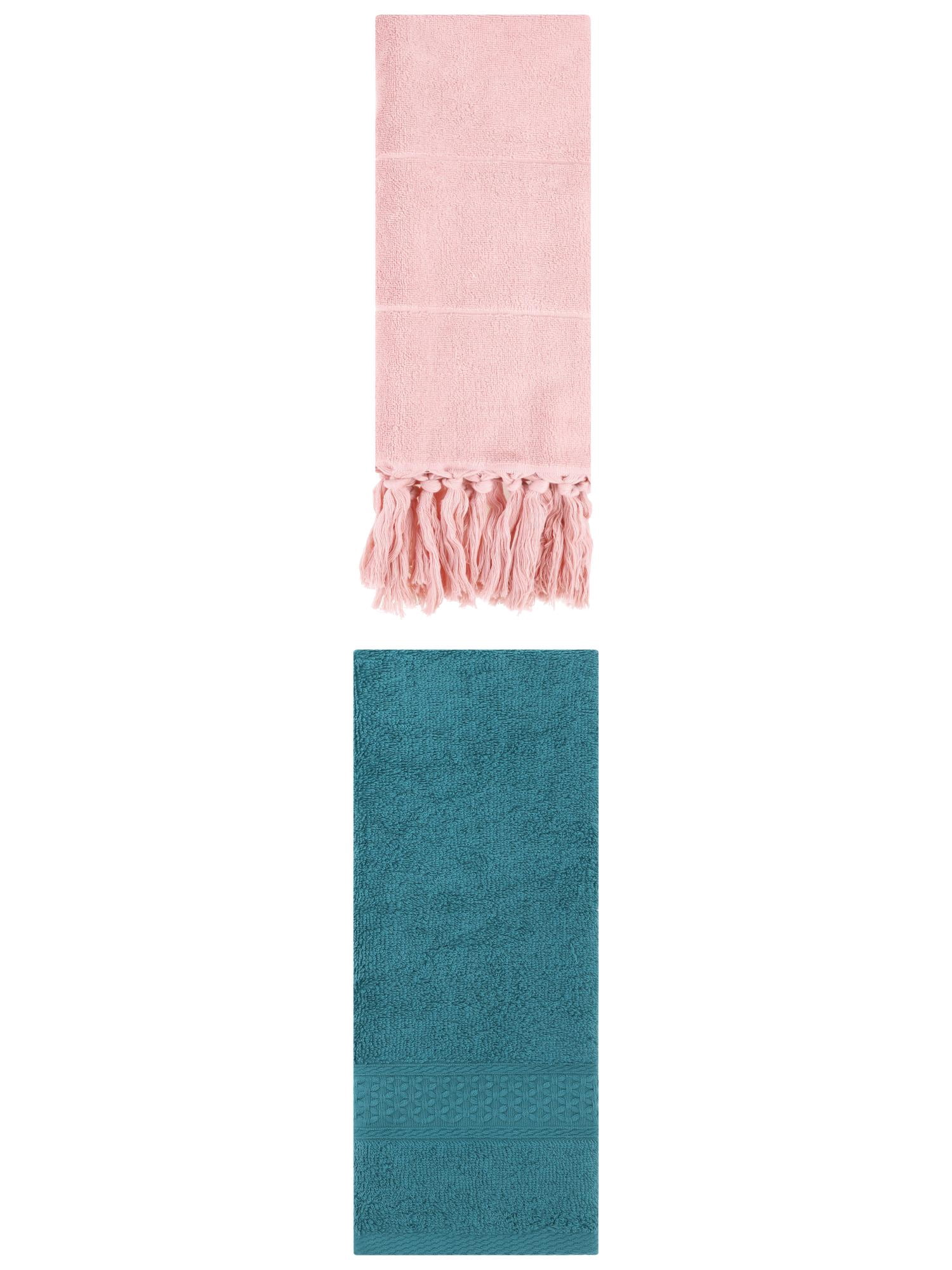 Unique Bargains 2 Packs Textured Tassels Hand Towel Pink/Dark Green 14" x 30"/13" x 30"