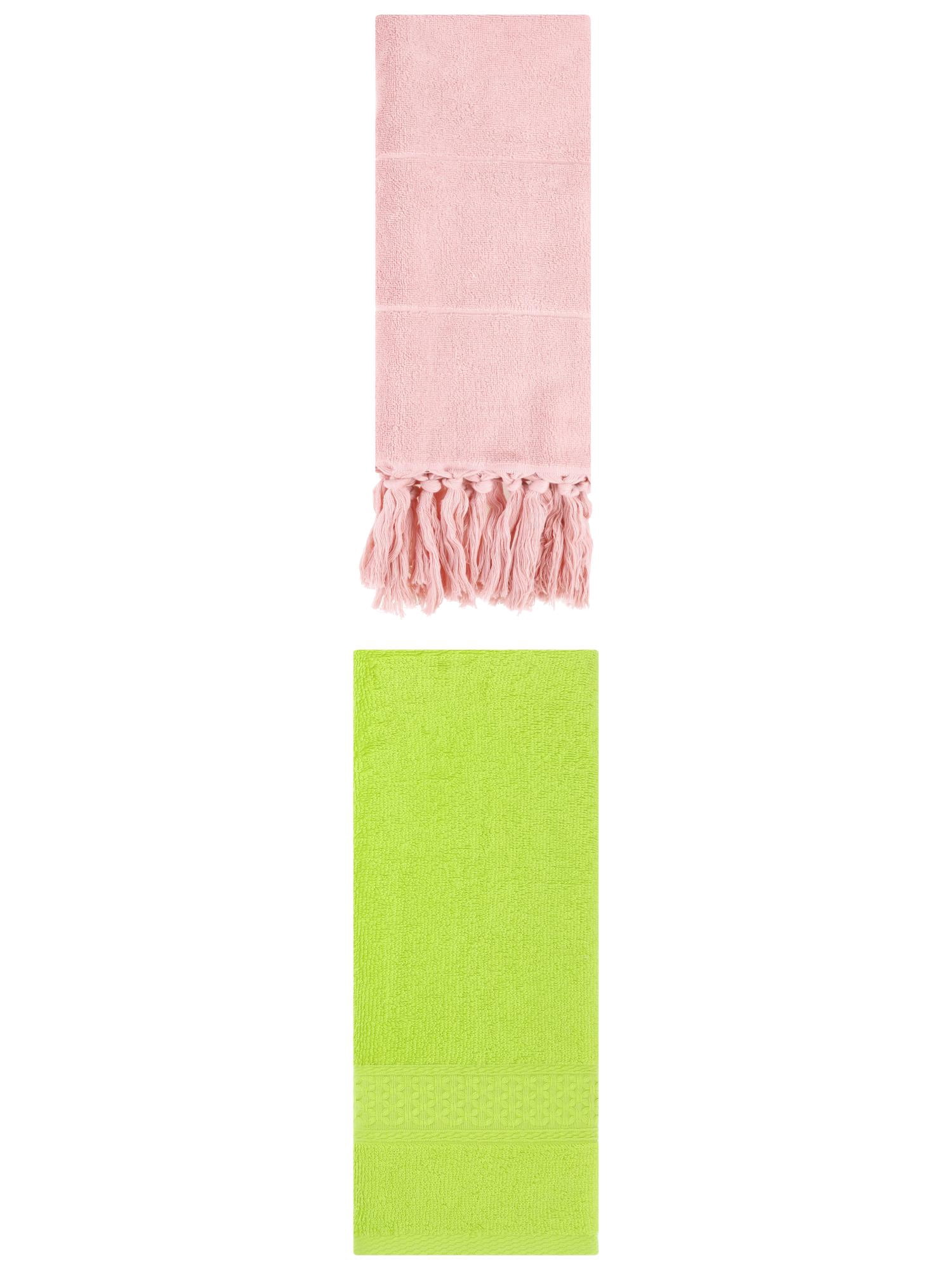 Unique Bargains 2 Packs Textured Tassels Hand Towel Pink/Light Green 14" x 30"/13" x 30"
