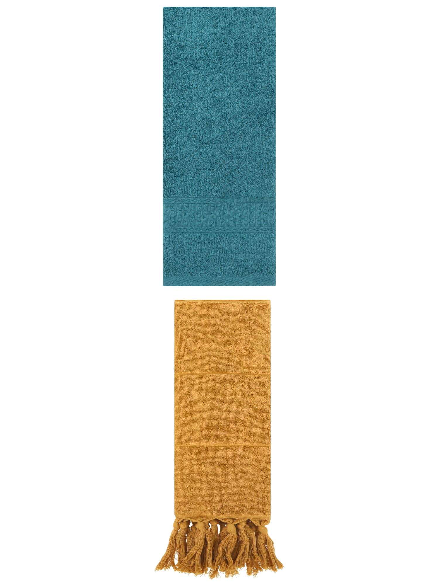 Unique Bargains 2 Packs Textured Tassels Hand Towel Yellow/Dark Green 14" x 30"/13" x 30"