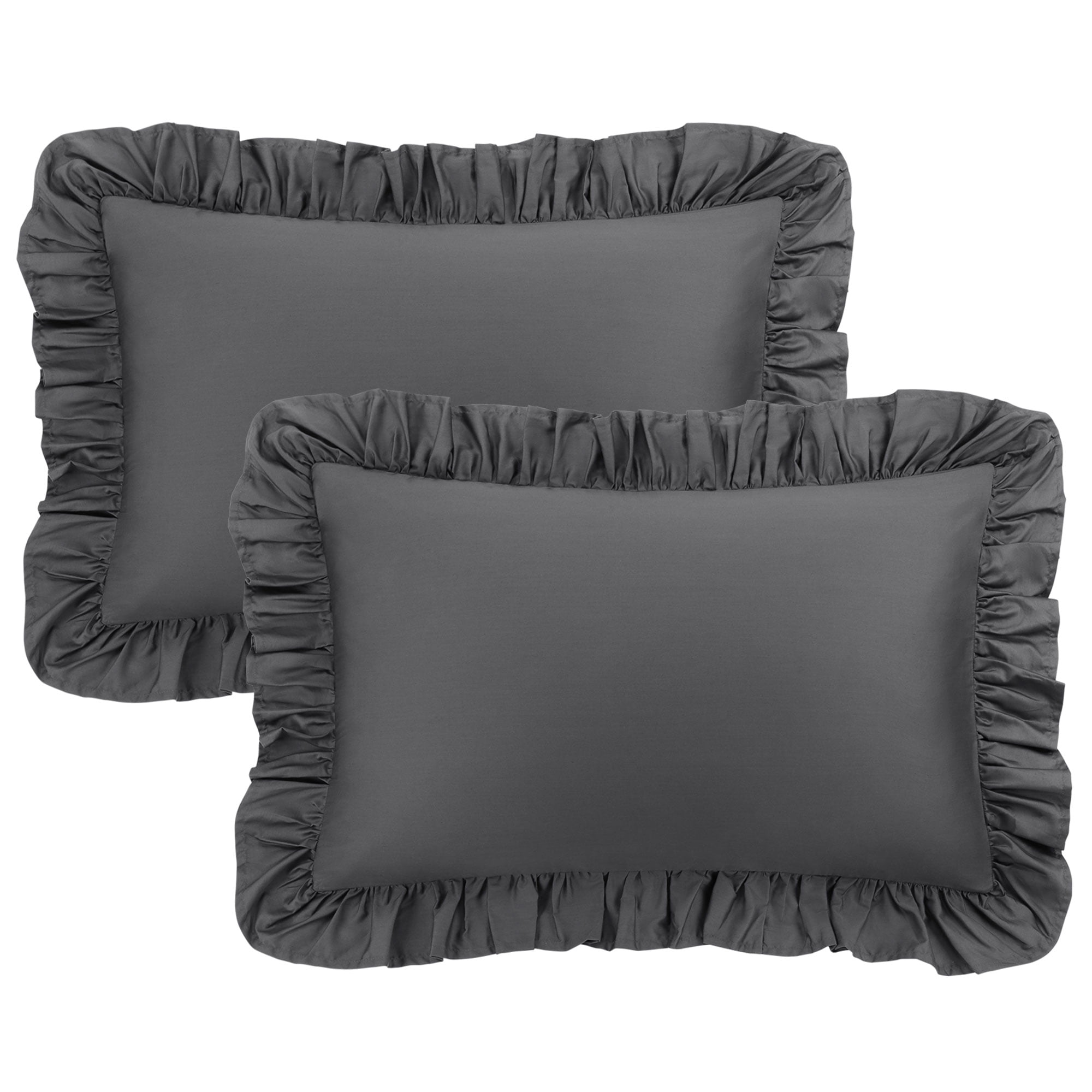 Unique Bargains 2 Pcs 100% Cotton Envelope Closure Ruffled Pillowcases Dark Gray Queen