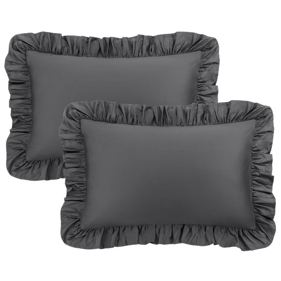 Unique Bargains 2 Pcs 100% Cotton Envelope Closure Ruffled Pillowcases Dark Gray Queen