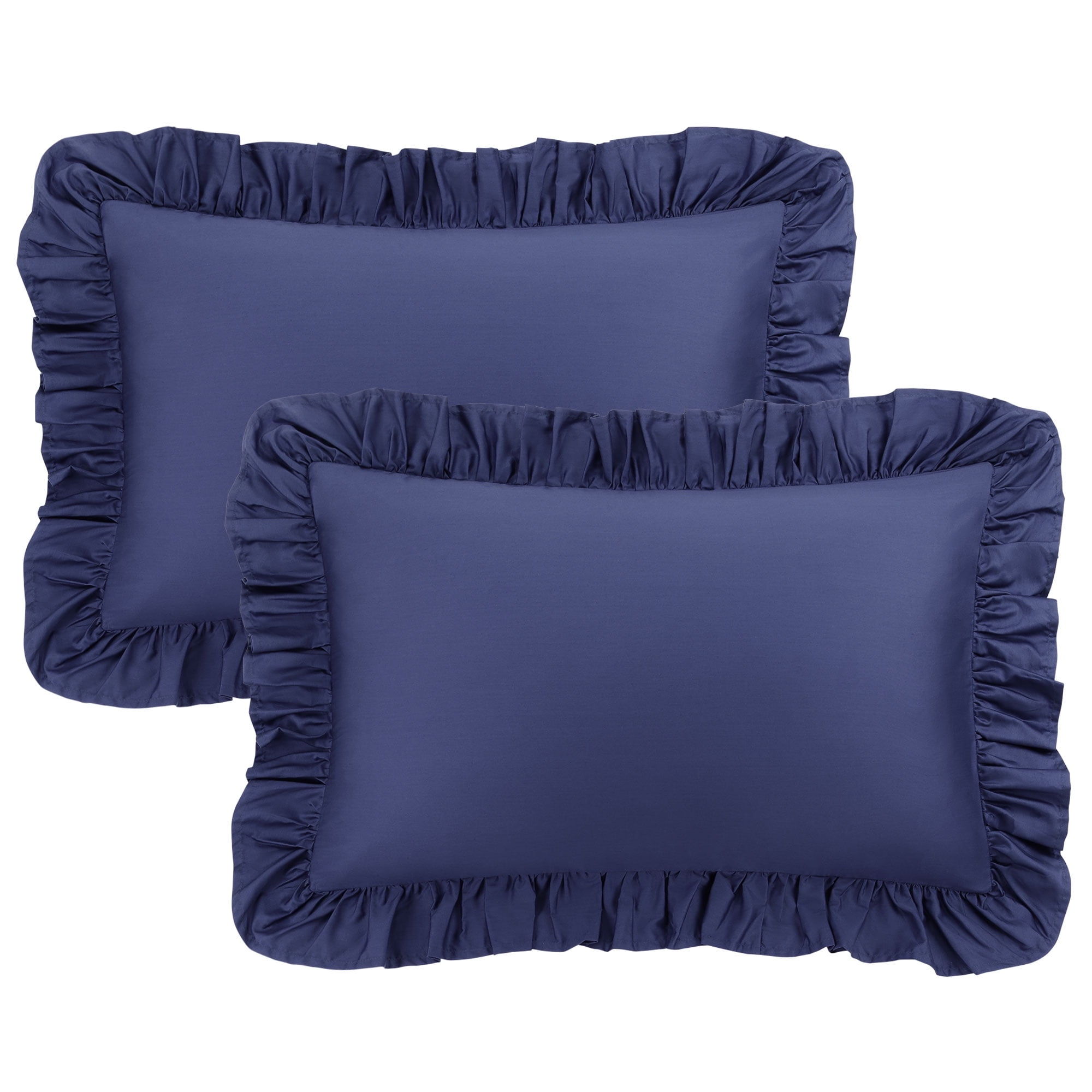 Unique Bargains 2 Pcs 100% Cotton Envelope Closure Ruffled Pillowcases Navy Blue Queen