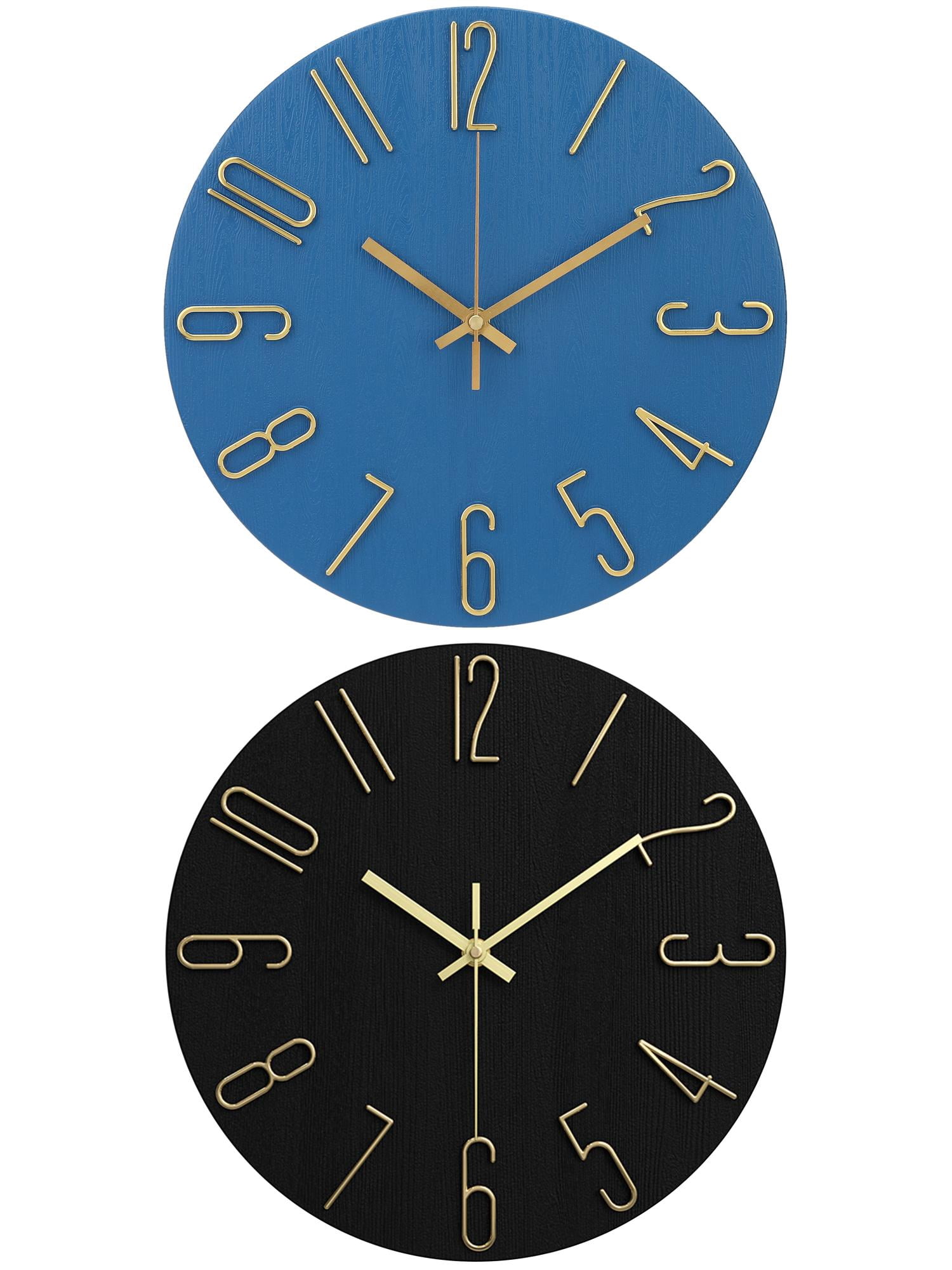 Unique Bargains 2 Pcs Analog Battery Operated Wall Clock 12 Inch Dark Blue/Black Gold