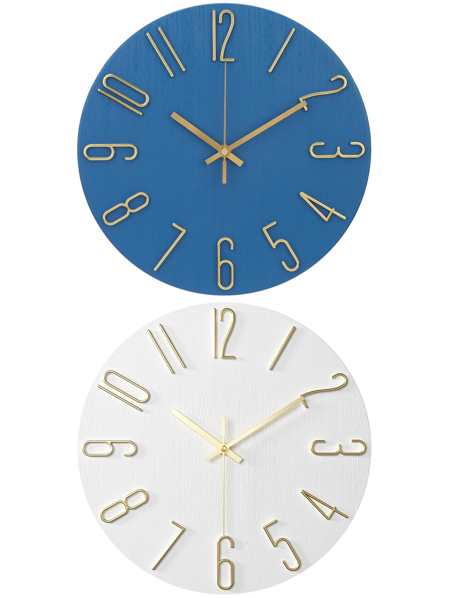 Unique Bargains 2 Pcs Analog Battery Operated Wall Clock 12 Inch Dark Blue/White Gold