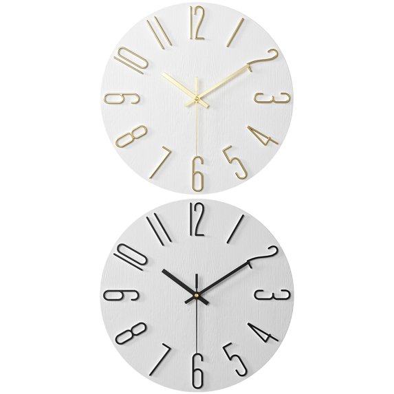 Unique Bargains 2 Pcs Analog Battery Operated Wall Clock 12 Inch White/White Gold
