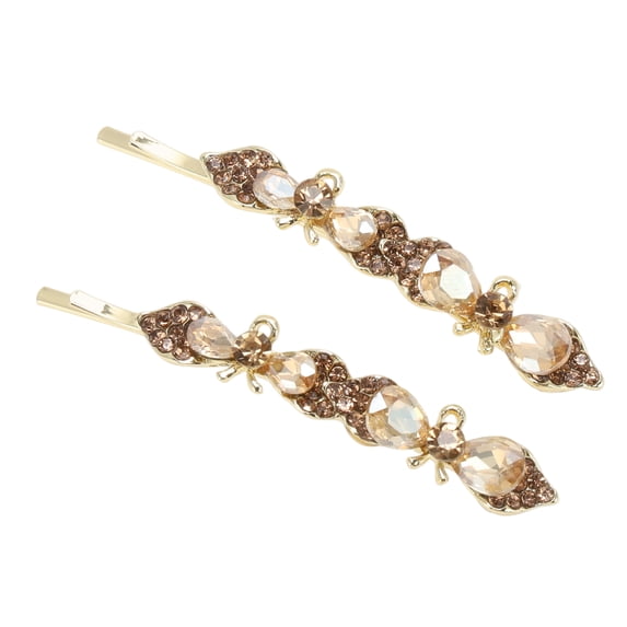 Unique Bargains 2 Pcs Bobby Pin Rhinestone Bow Hair Clips Champagne Gold Tone