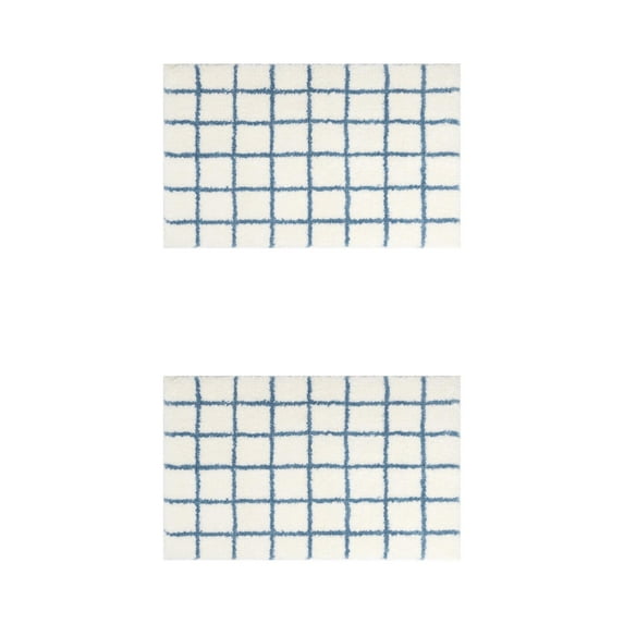 Unique Bargains 2 Pcs Checkered Absorbent Non Slip Bath Mats Soft Fluffy Bathroom Rugs Blue 16" x 24"