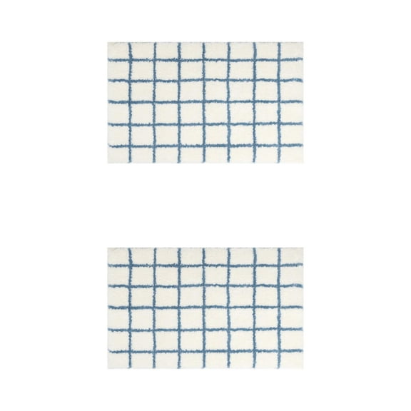Unique Bargains 2 Pcs Checkered Absorbent Non Slip Bath Mats Soft Fluffy Bathroom Rugs Blue 16" x 24"
