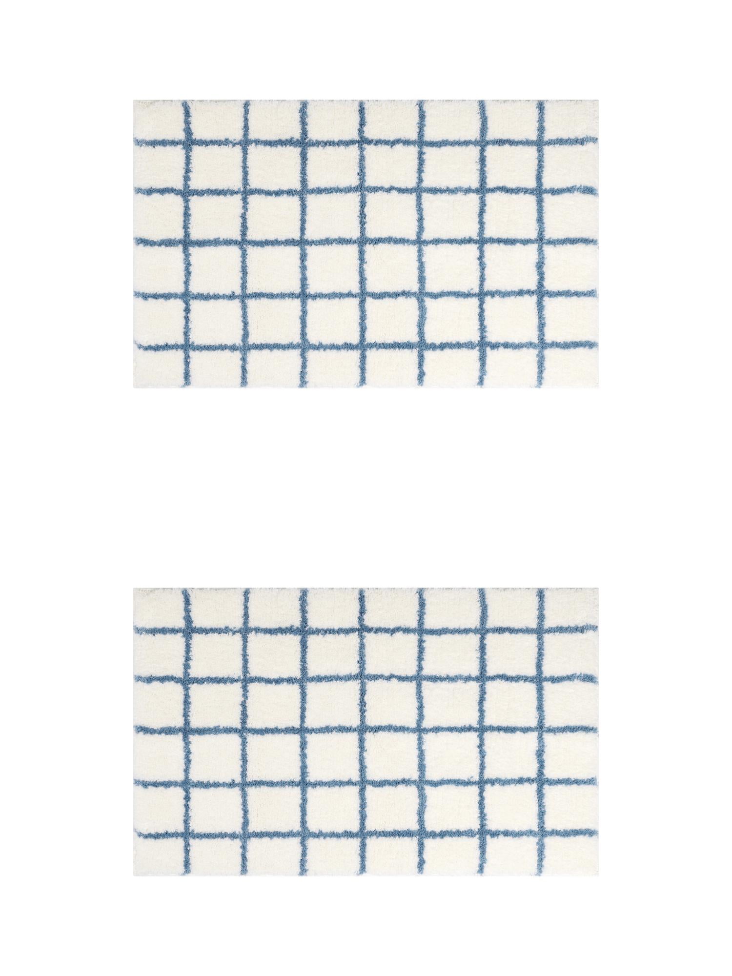 Unique Bargains 2 Pcs Checkered Absorbent Non Slip Bath Mats Soft Fluffy Bathroom Rugs Blue 20" x 32"