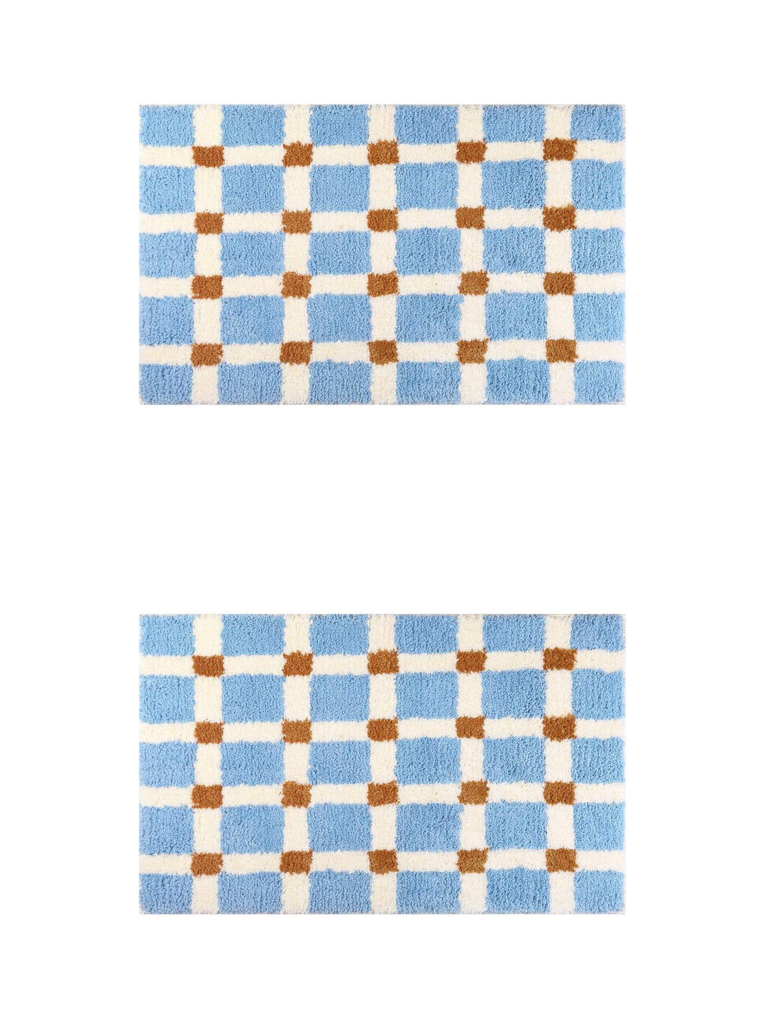 Unique Bargains 2 Pcs Checkered Absorbent Non Slip Bath Mats Soft Fluffy Bathroom Rugs Blue 20" x 32"