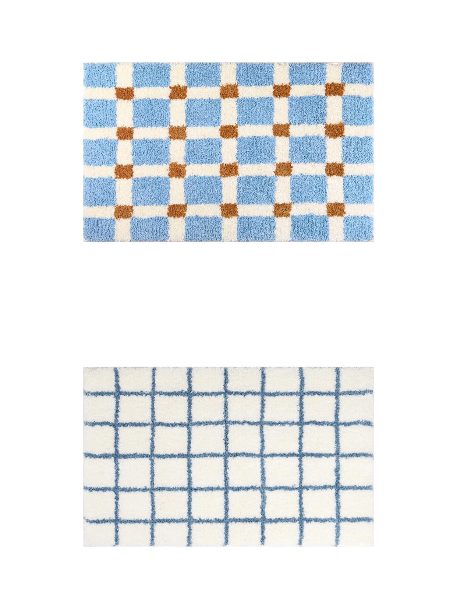 Unique Bargains 2 Pcs Checkered Absorbent Non Slip Bath Mats Soft Fluffy Bathroom Rugs Blue/Blue 20" x 32"