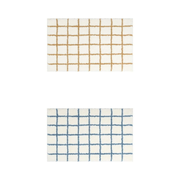 Unique Bargains 2 Pcs Checkered Absorbent Non Slip Bath Mats Soft Fluffy Bathroom Rugs Blue/Brown 20" x 32"