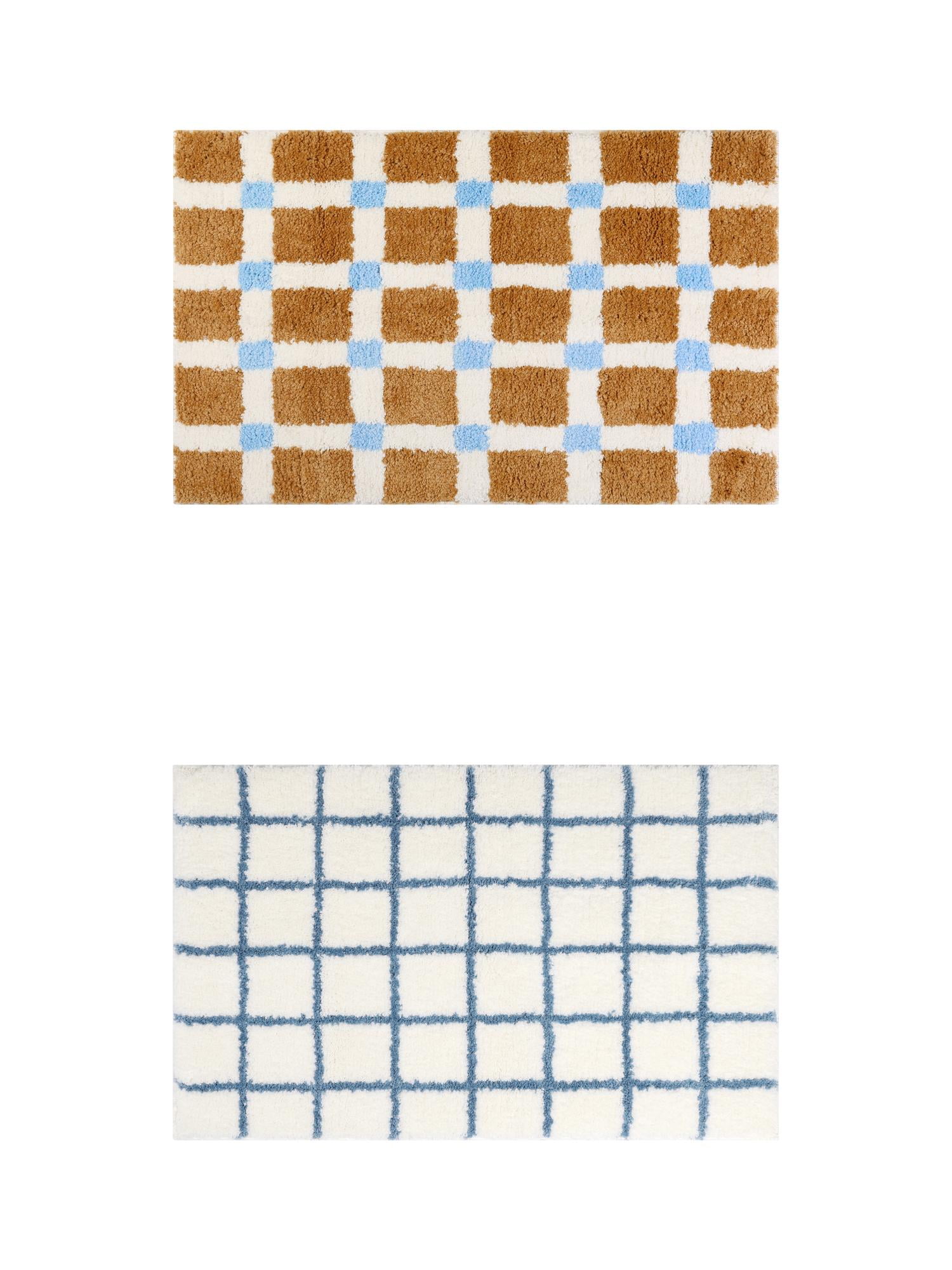 Unique Bargains 2 Pcs Checkered Absorbent Non Slip Bath Mats Soft Fluffy Bathroom Rugs Blue/Brown 20" x 32"