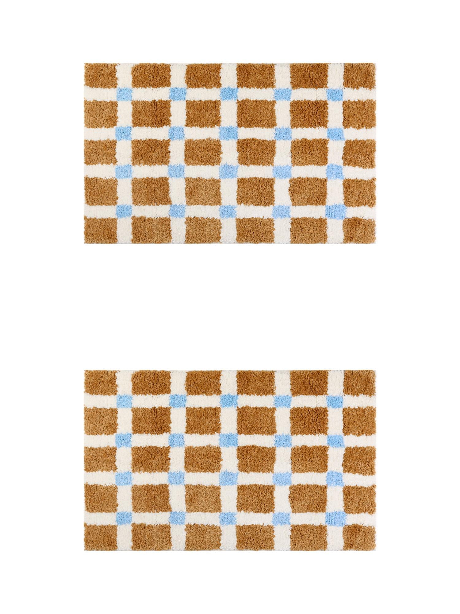 Unique Bargains 2 Pcs Checkered Absorbent Non Slip Bath Mats Soft Fluffy Bathroom Rugs Brown 16" x 24"/20" x 32"