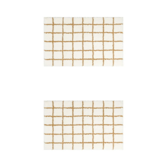 Unique Bargains 2 Pcs Checkered Absorbent Non Slip Bath Mats Soft Fluffy Bathroom Rugs Brown 16" x 24"