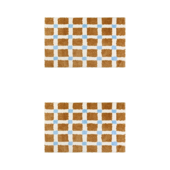 Unique Bargains 2 Pcs Checkered Absorbent Non Slip Bath Mats Soft Fluffy Bathroom Rugs Brown 20" x 32"