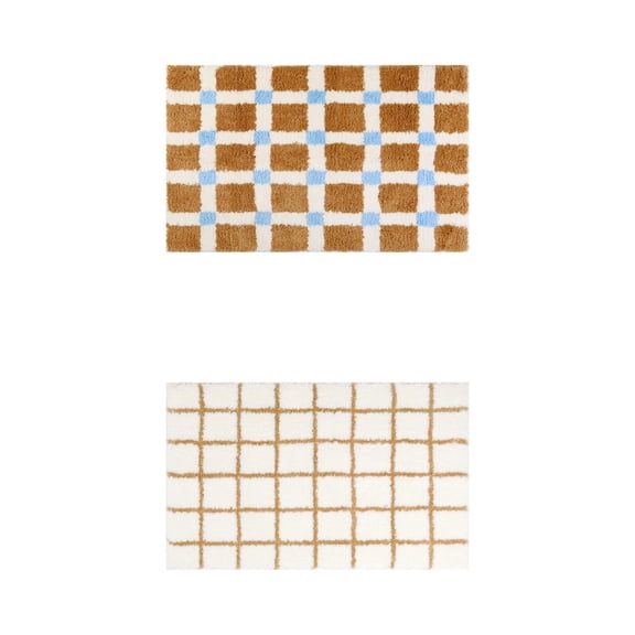 Unique Bargains 2 Pcs Checkered Absorbent Non Slip Bath Mats Soft Fluffy Bathroom Rugs Brown/Brown 16" x 24"