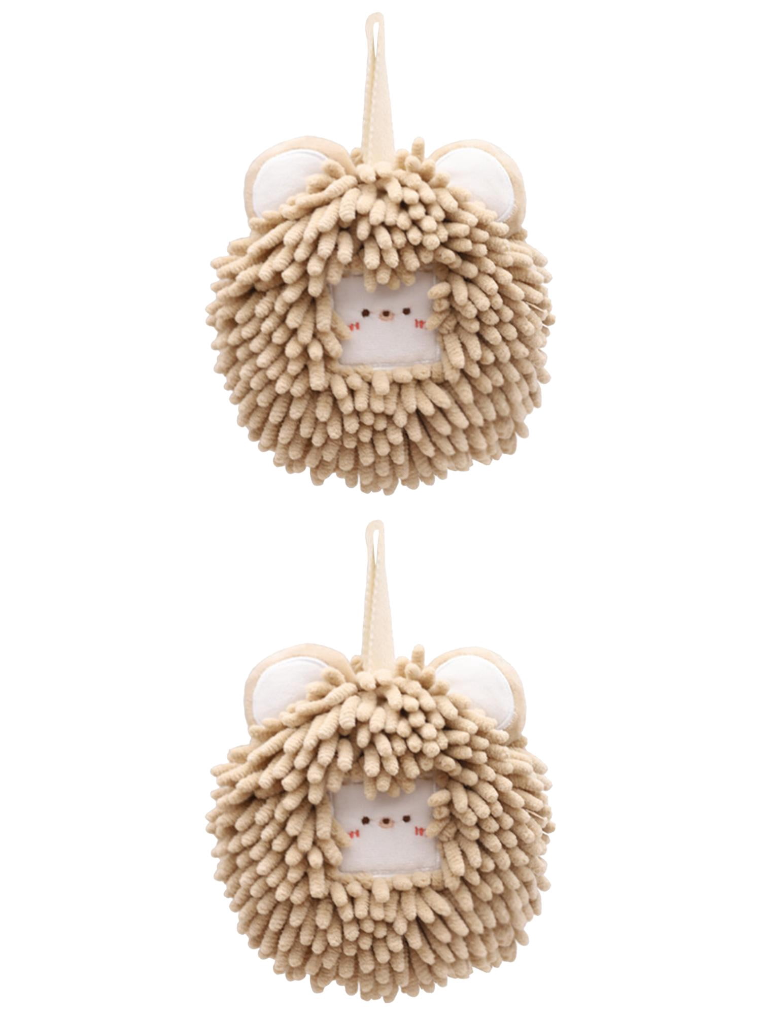 Unique Bargains 2 Pcs Chenille Ball Hanging Hand Towel 7" x 7" Brown