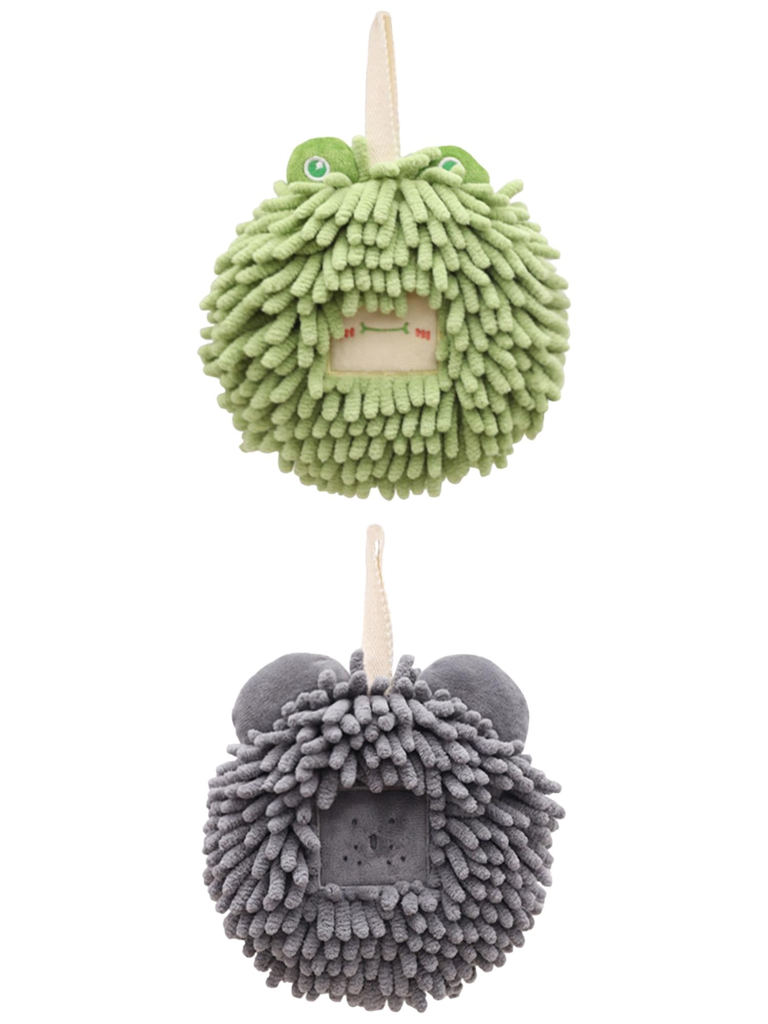 Unique Bargains 2 Pcs Chenille Ball Hanging Hand Towel 7" x 7" Dark Grey/Green