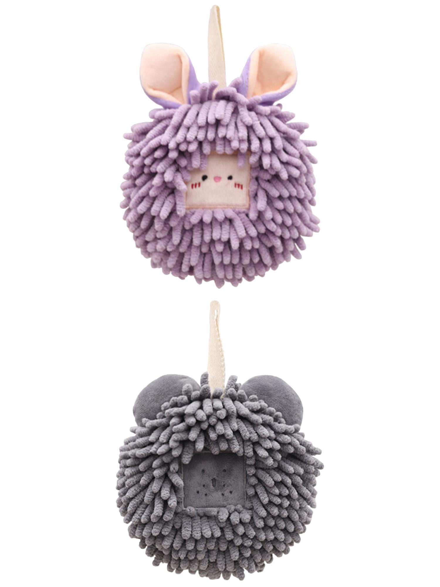 Unique Bargains 2 Pcs Chenille Ball Hanging Hand Towel 7" x 7" Dark Grey/Purple