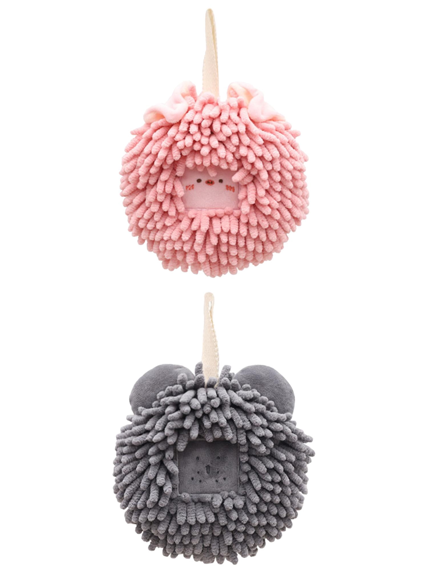 Unique Bargains 2 Pcs Chenille Ball Hanging Hand Towel 7" x 7" Pink/Dark Grey