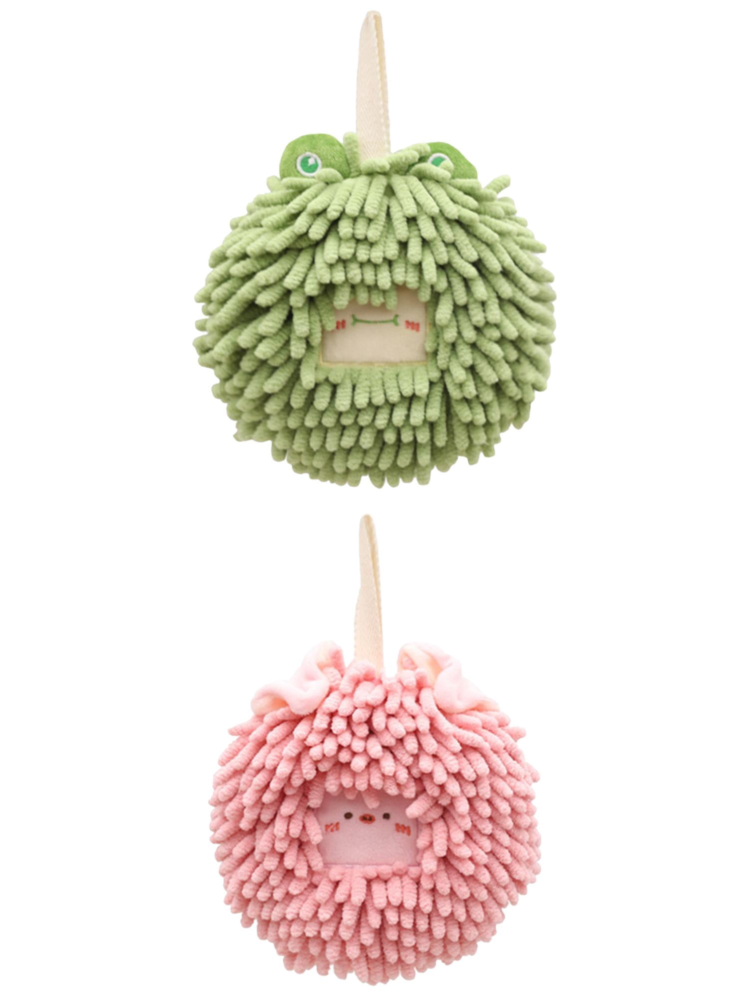 Unique Bargains 2 Pcs Chenille Ball Hanging Hand Towel 7" x 7" Pink/Green