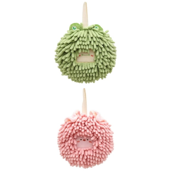 Unique Bargains 2 Pcs Chenille Ball Hanging Hand Towel 7" x 7" Pink/Green