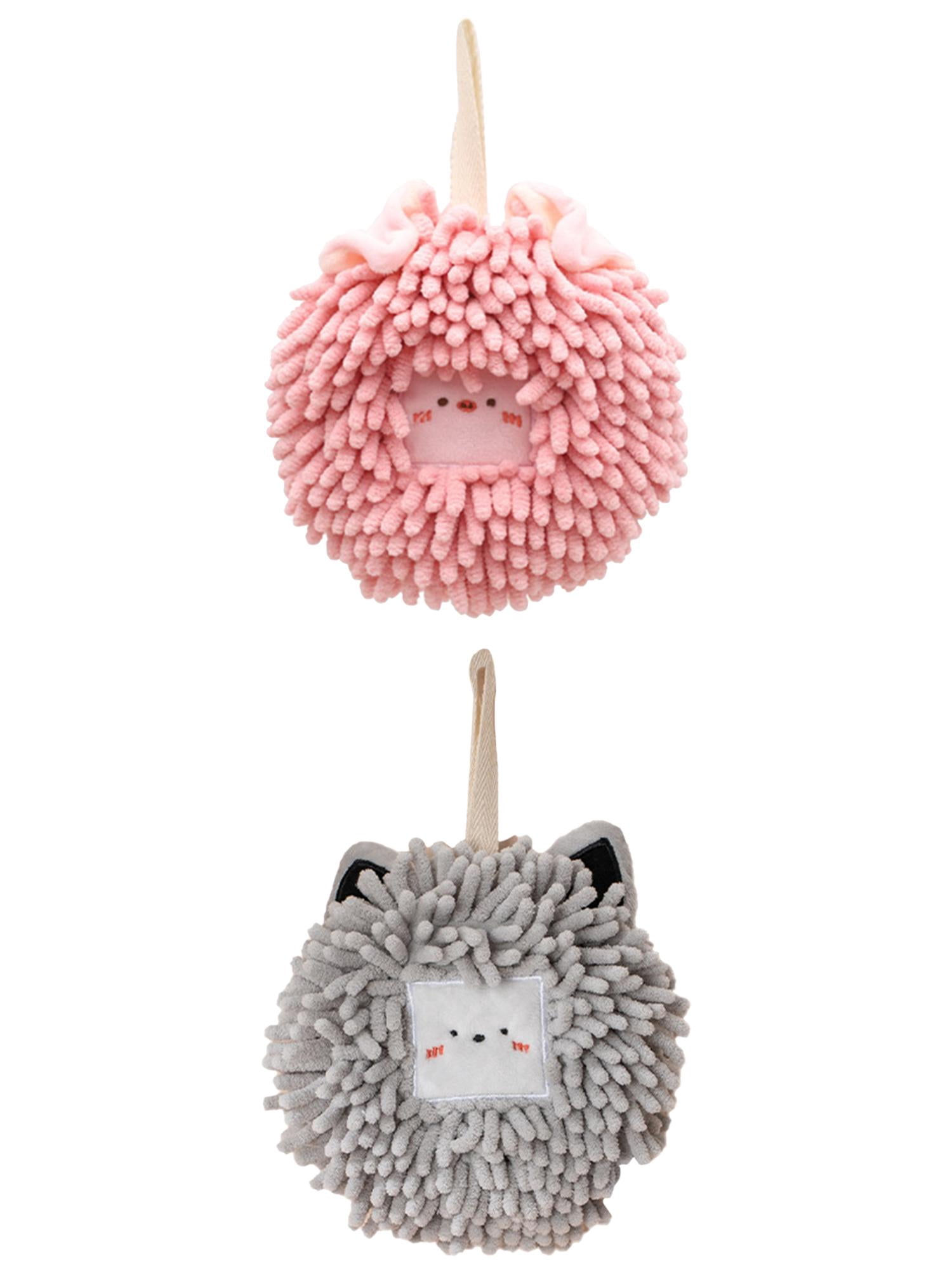 Unique Bargains 2 Pcs Chenille Ball Hanging Hand Towel 7" x 7" Pink/Light Grey